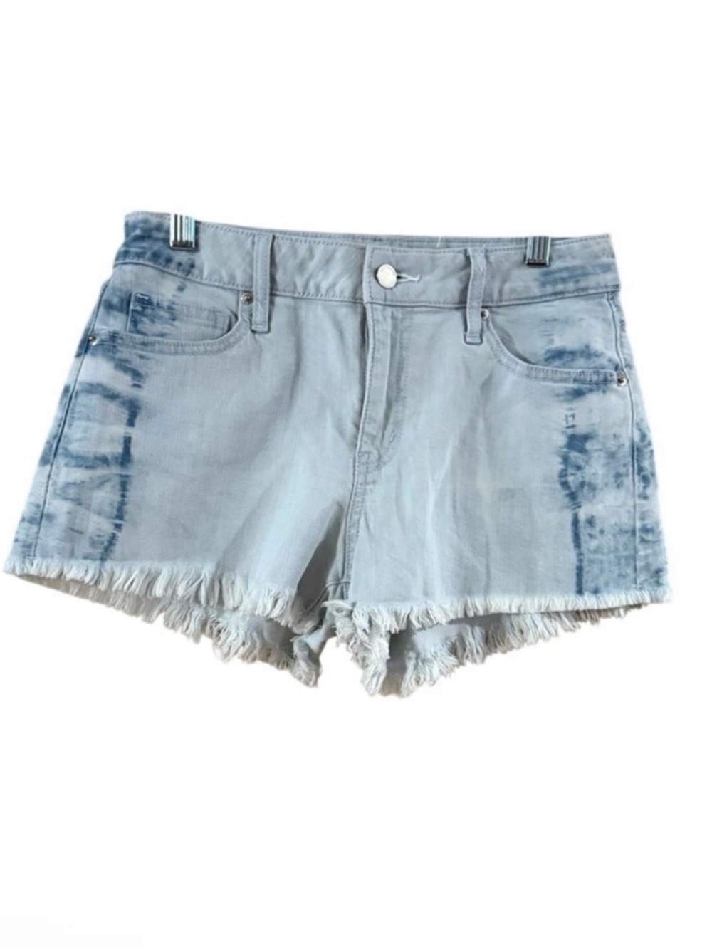 High-Rise Light Blue Frayed Hem Jean Shorts - Picture 9 of 10